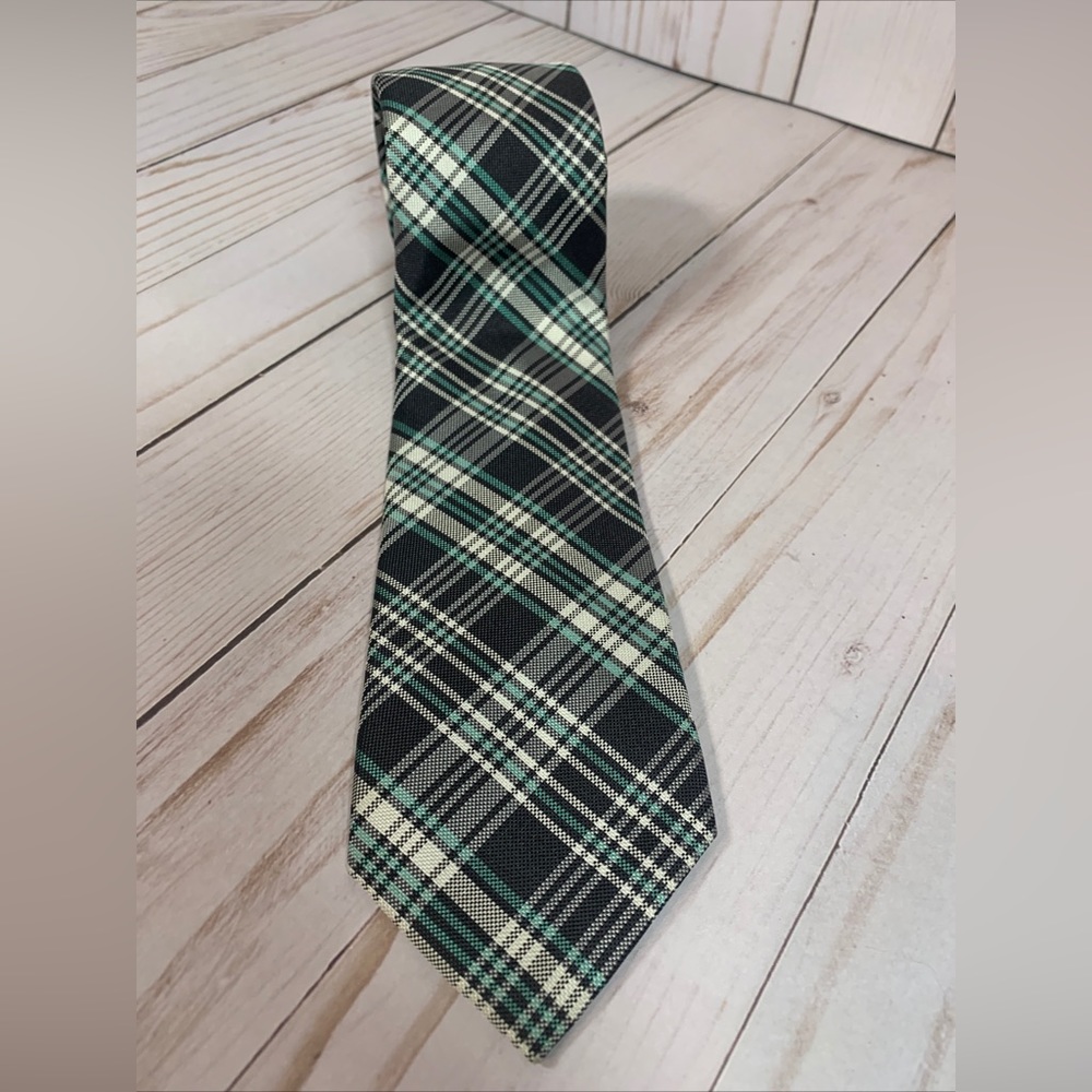 Original PENGUIN 3" Wide Skinny Tie - Gray/White Plaid Print 100% Silk 58” Long